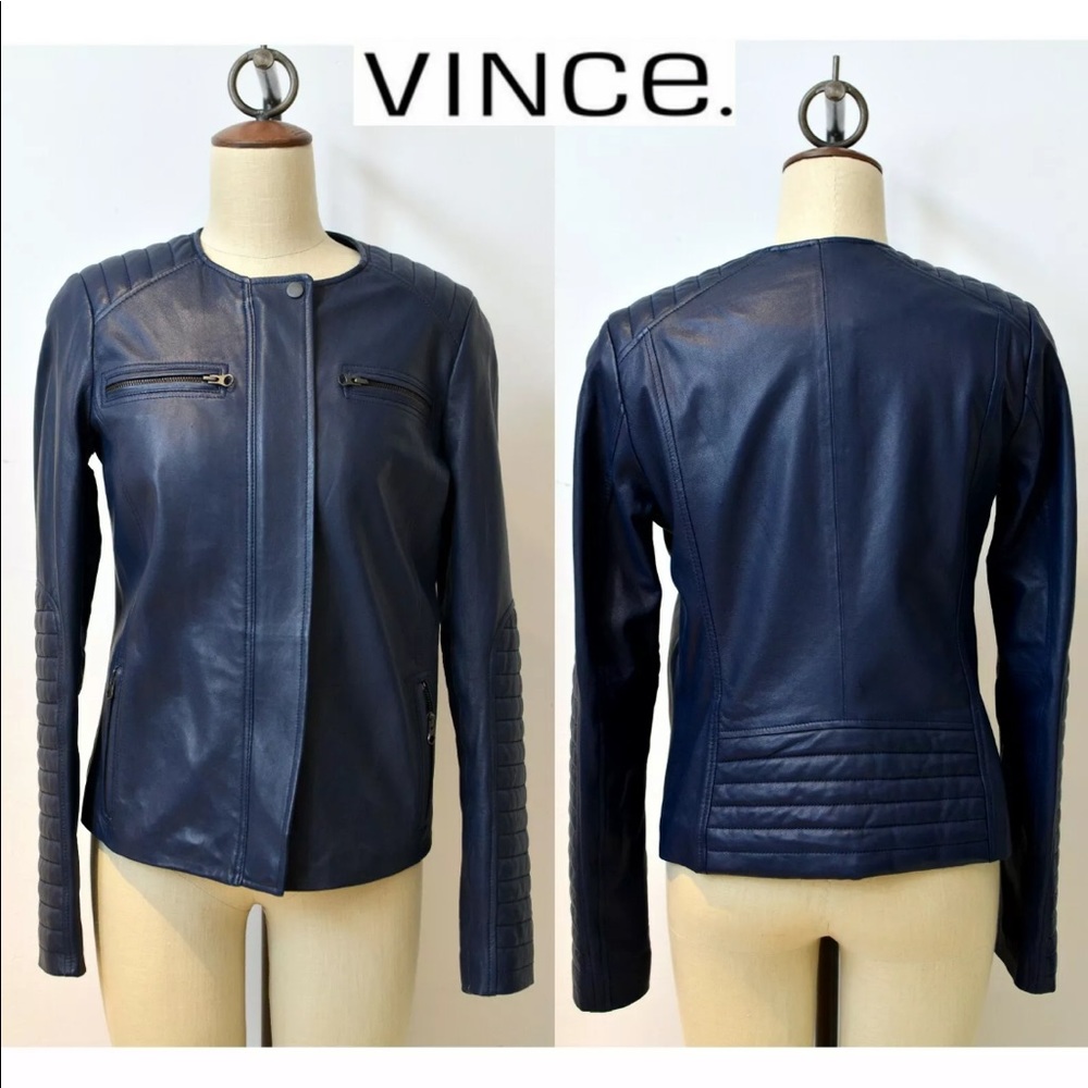 Vince ultra soft navy leather moto jacket SZ M
